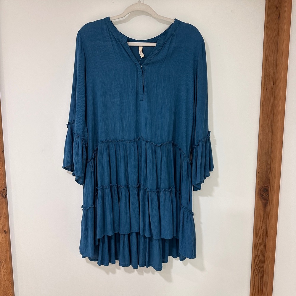 Elan Tiered Babydoll Dress Womens Size M Teal Blue Bell Sleeve | Boho Aesthetic